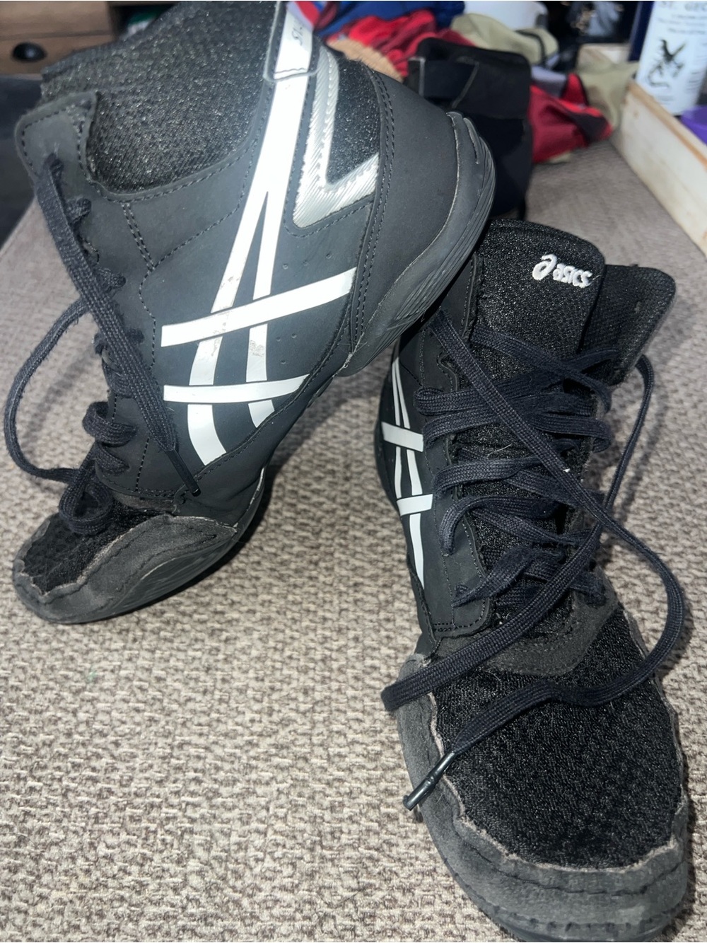 Youth ASICS snap down Black Wrestling Shoes with White Stripes